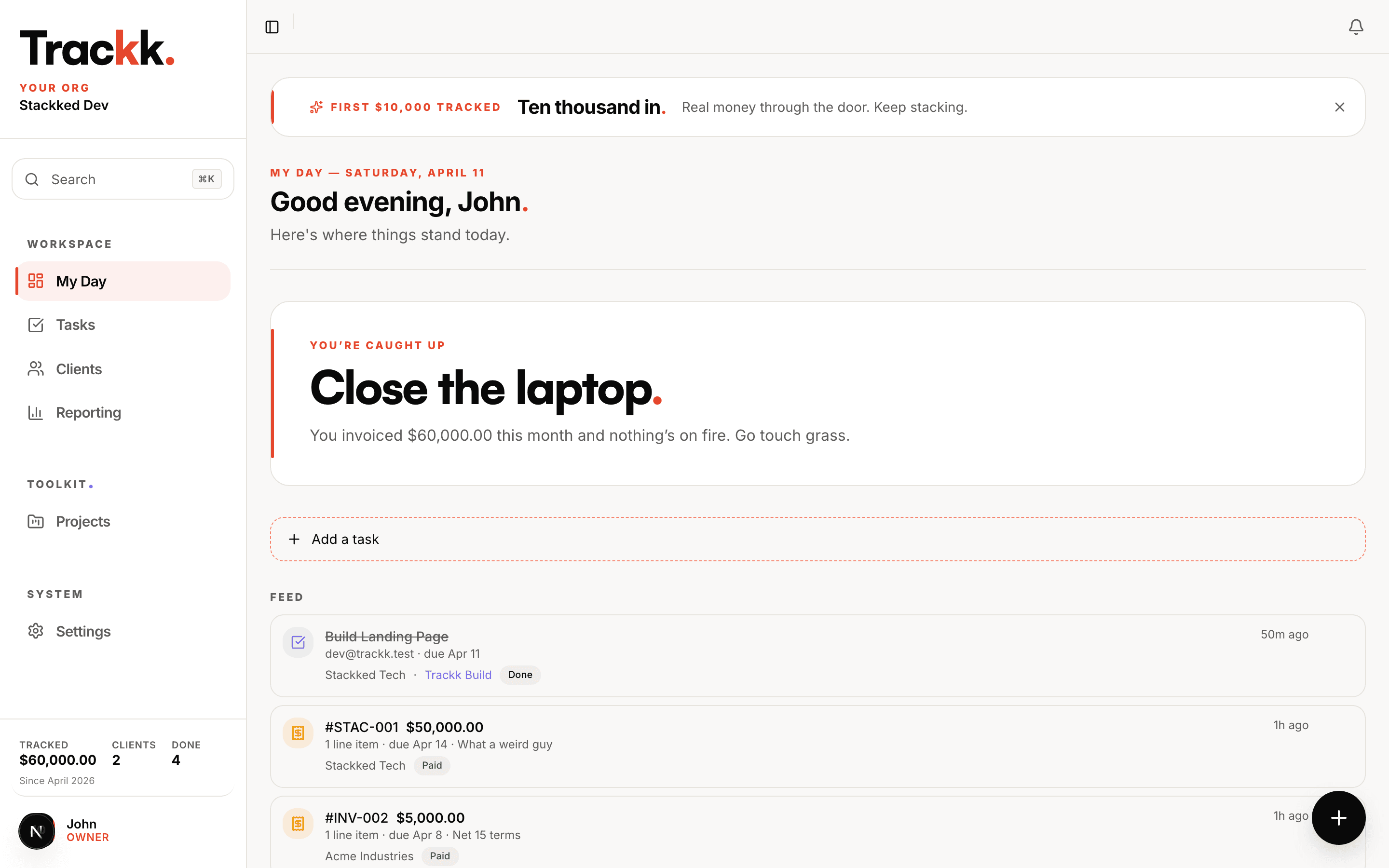 Trackk My Day dashboard showing tasks, progress, and client activity